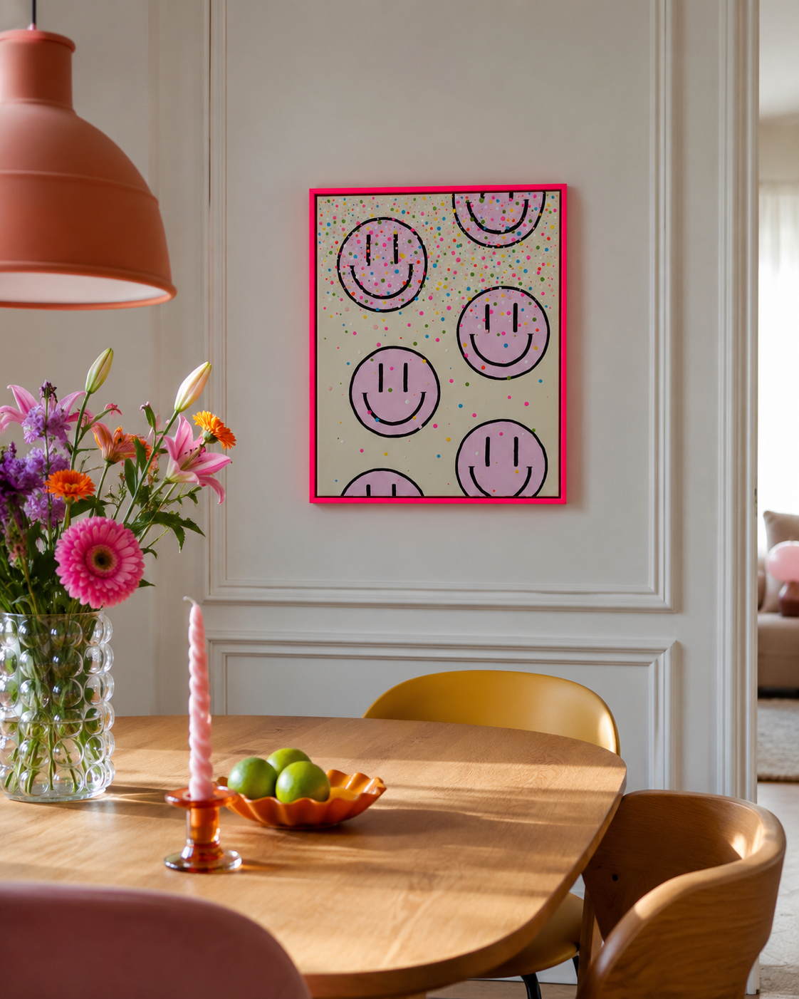 HAPPY #26 im neonpinken Schattenfugenrahmen über einem Holztisch in einem modernen Esszimmer mit bunten Stühlen und Blumen.