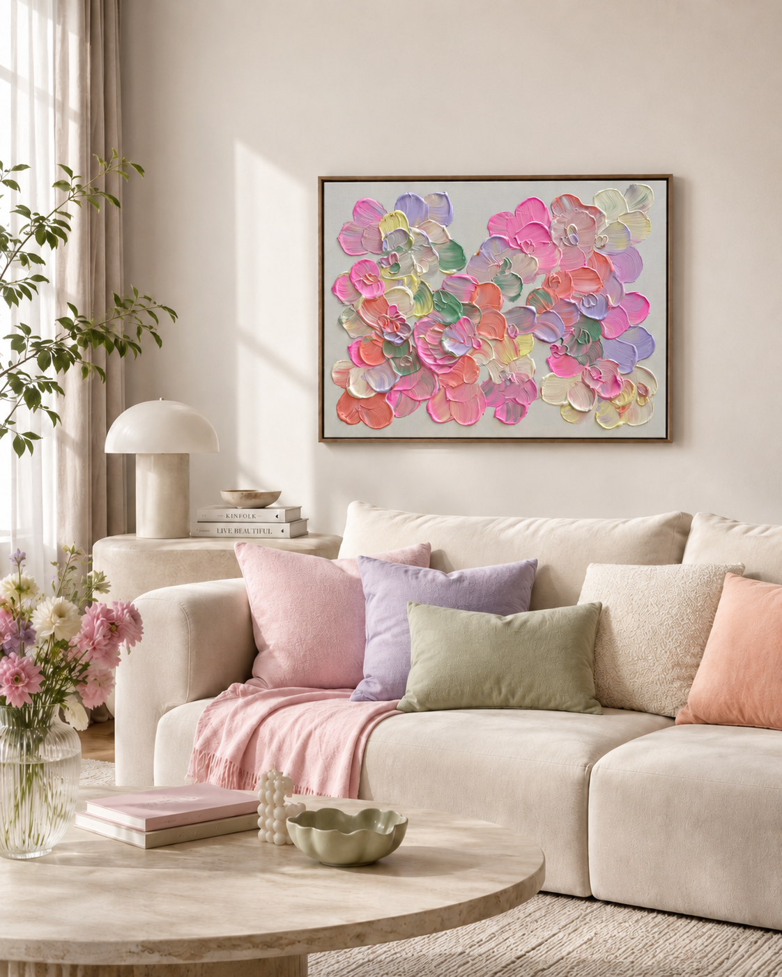 FLORALS #20 als Wohnzimmer-Mock-up: florales Acrylbild im Format 80 x 60 cm mit pastelligen Blüten in Pink, Flieder, Salbei, Hellgelb und Apricot über einem hellen Sofa in einem modernen, wohnlichen Interior.