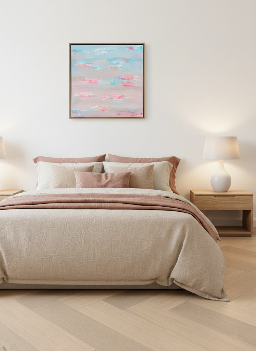 PASTEL HORIZONS, pastellfarbenes abstraktes Gemälde mit Rosa- und Blautönen, gerahmt über einem Bett mit rosafarbenen Textilien.