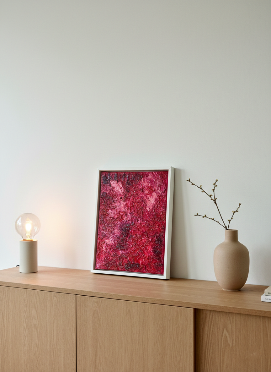 STILL BLOOMING, strukturiertes rotes Acrylgemälde, gerahmt und auf einem Holzsideboard an eine helle Wand angelehnt neben Lampe und Vase.