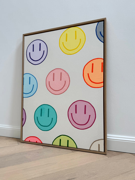 HAPPY #19 – modernes Happy-Face-Kunstwerk in Pastellfarben auf Naturleinwand mit hochwertigem Schattenfugenrahmen aus Holz.
